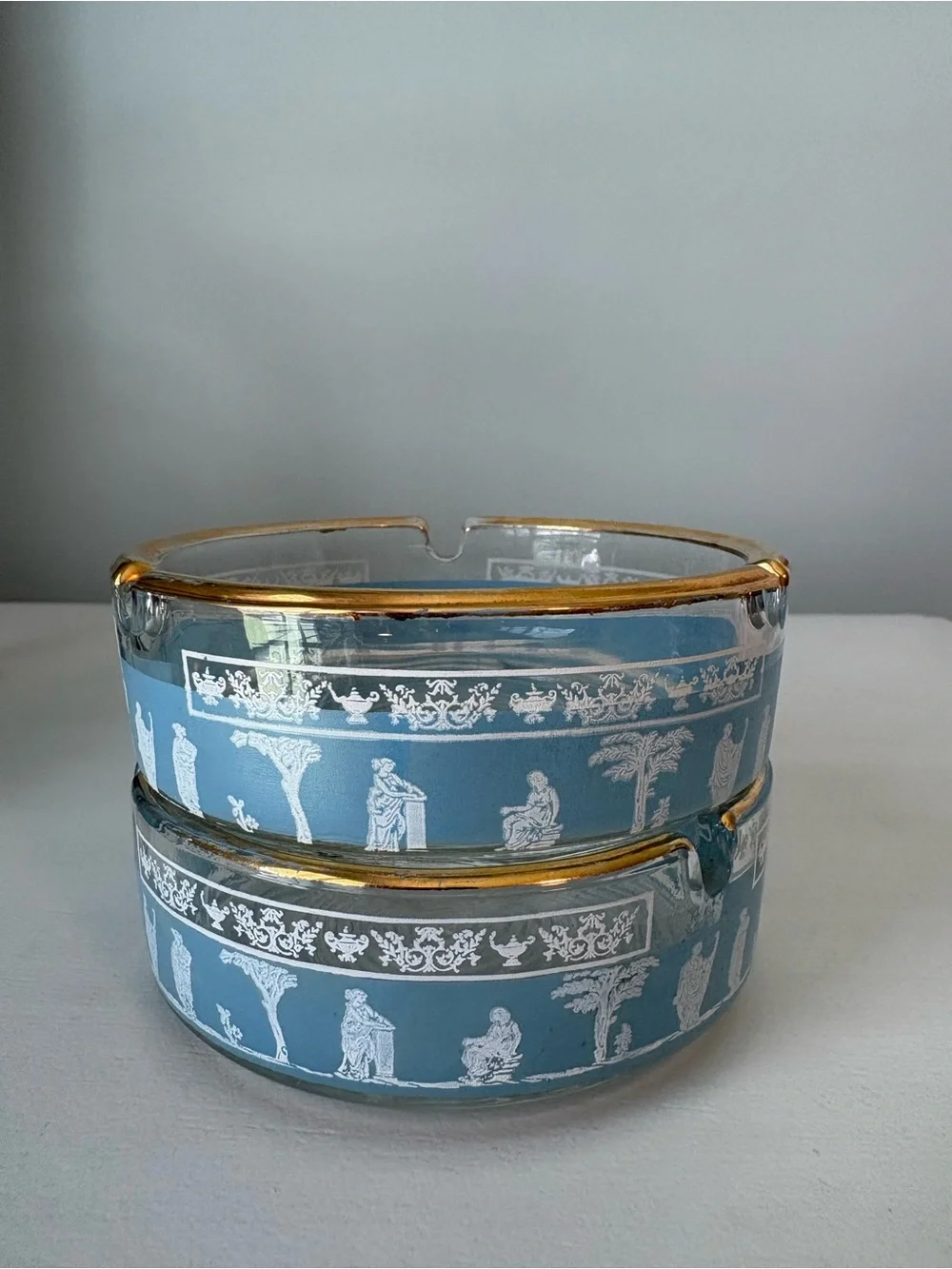 Vintage Grecian Hellenic Pattern Blue Glass Ashtrays – Gilt Rim Pair